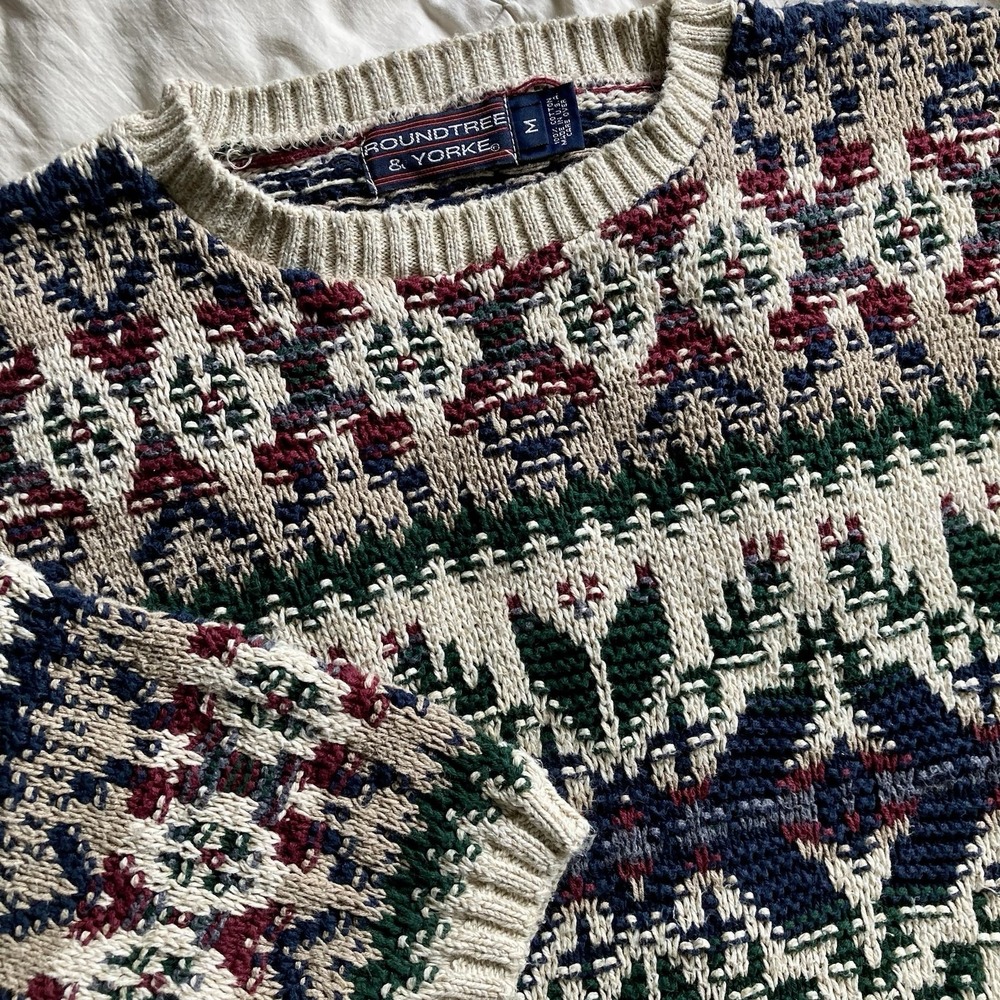 Vtg 90s Roundtree & Yorke Fair Isle Knit Crew Sweater 100% Cotton Mens M Multi